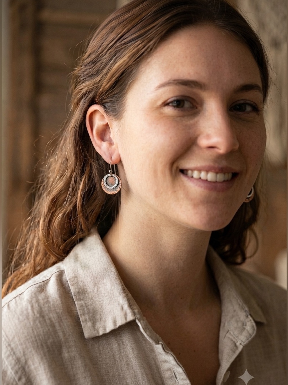 Hammered Bronze Industrial Boho Double Circle Dangle Earrings Handmade